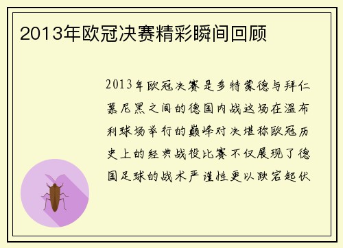 2013年欧冠决赛精彩瞬间回顾