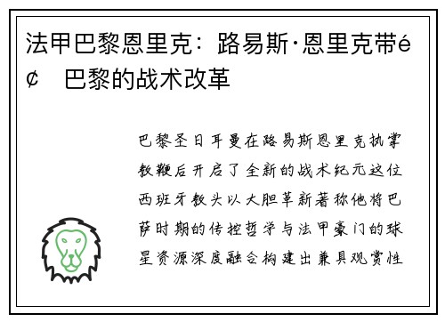 法甲巴黎恩里克：路易斯·恩里克带领巴黎的战术改革